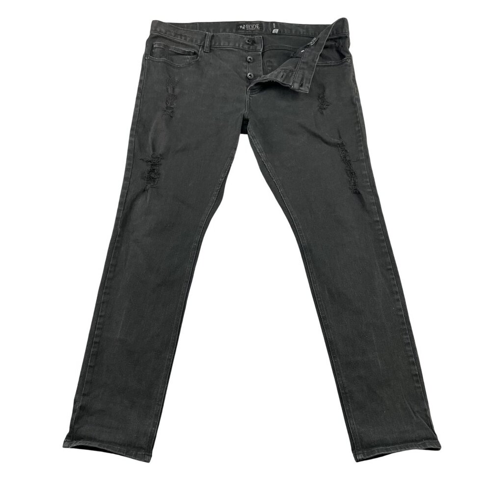 XXX Rude Jeans Mens 38x32 Black Skinny Mid Rise Distressed Denim